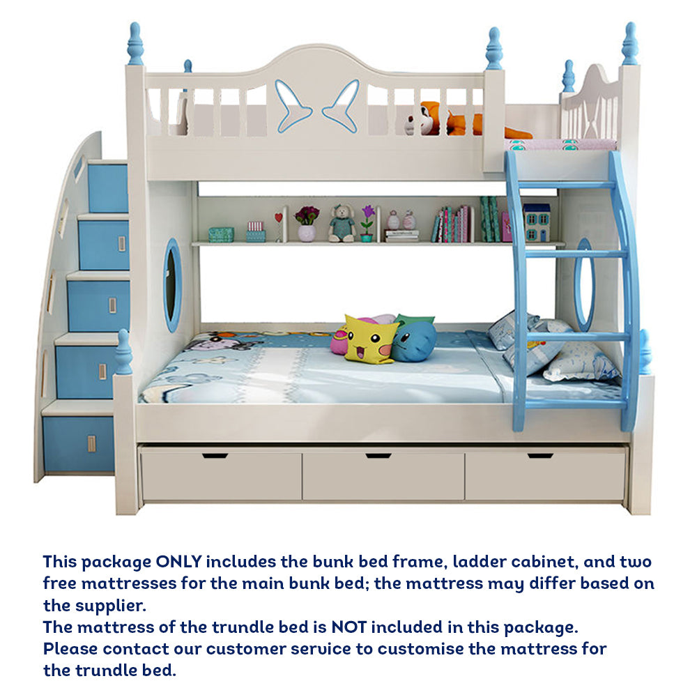 MASON TAYLOR 910 1.2M Bunk Bed w/ Two Free Mattresses Ladder Cabinet Trundle Bed - Blue&White