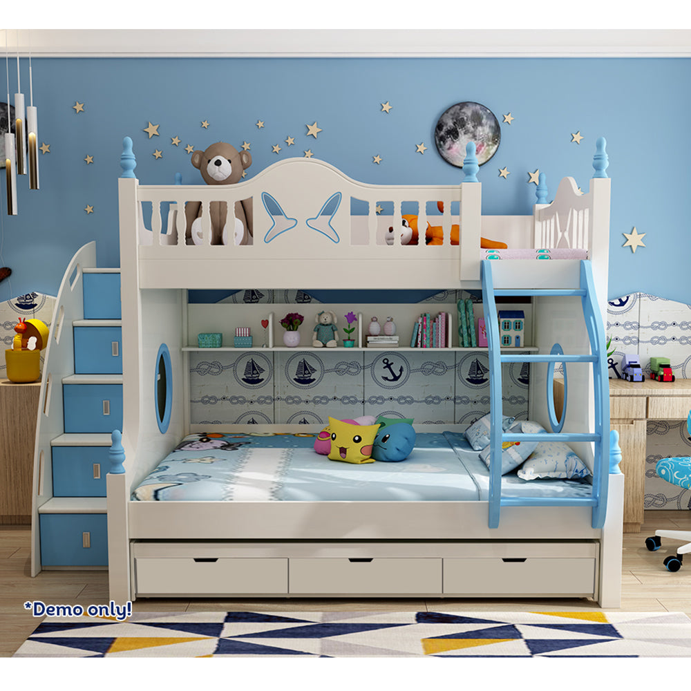 MASON TAYLOR 910 1.2M Bunk Bed w/ Two Free Mattresses Ladder Cabinet Trundle Bed - Blue&White