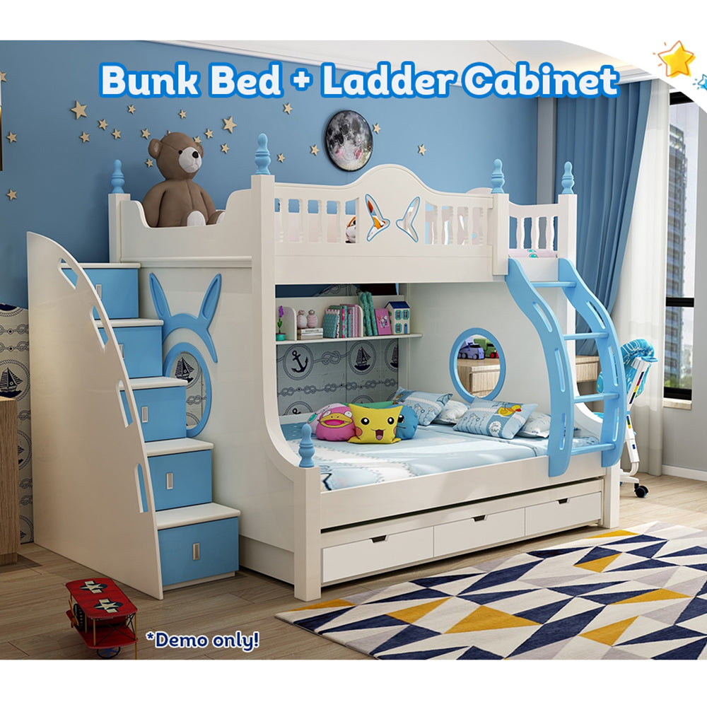 MASON TAYLOR 910 1.2M Bunk Bed w/ Two Free Mattresses Ladder Cabinet Trundle Bed - Blue&White