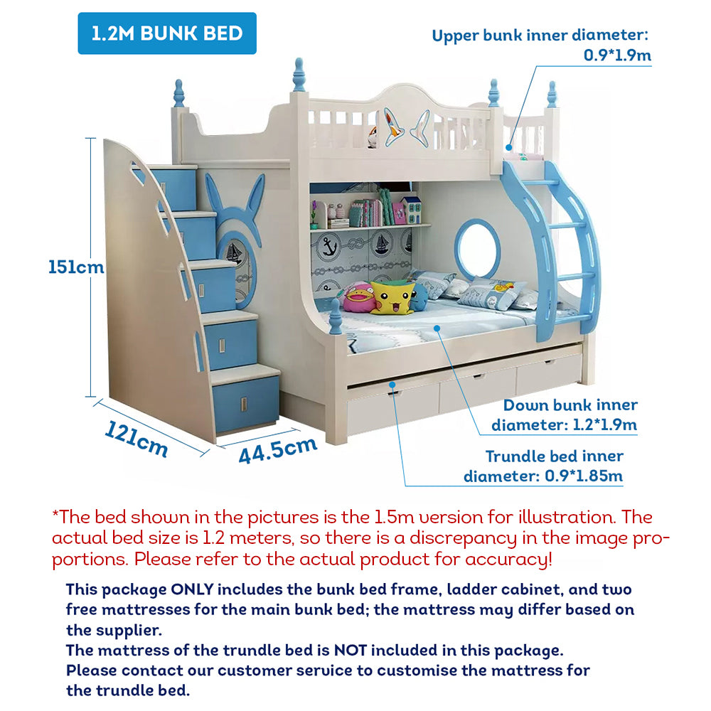 MASON TAYLOR 910 1.2M Bunk Bed w/ Two Free Mattresses Ladder Cabinet Trundle Bed - Blue&White