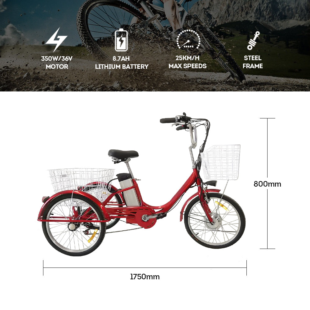 AKEZ PET-009 350W 36V 8.7Ah 3 Wheels Electric Bike Steel Frame Front and Rear Baskets - Red