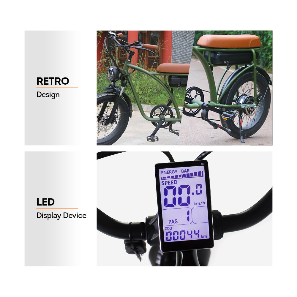 AKEZ ESBIKE-01 500W 48V 12.5AH Retro Design Electric Bike Fat Tire LED Display Device - Army Green