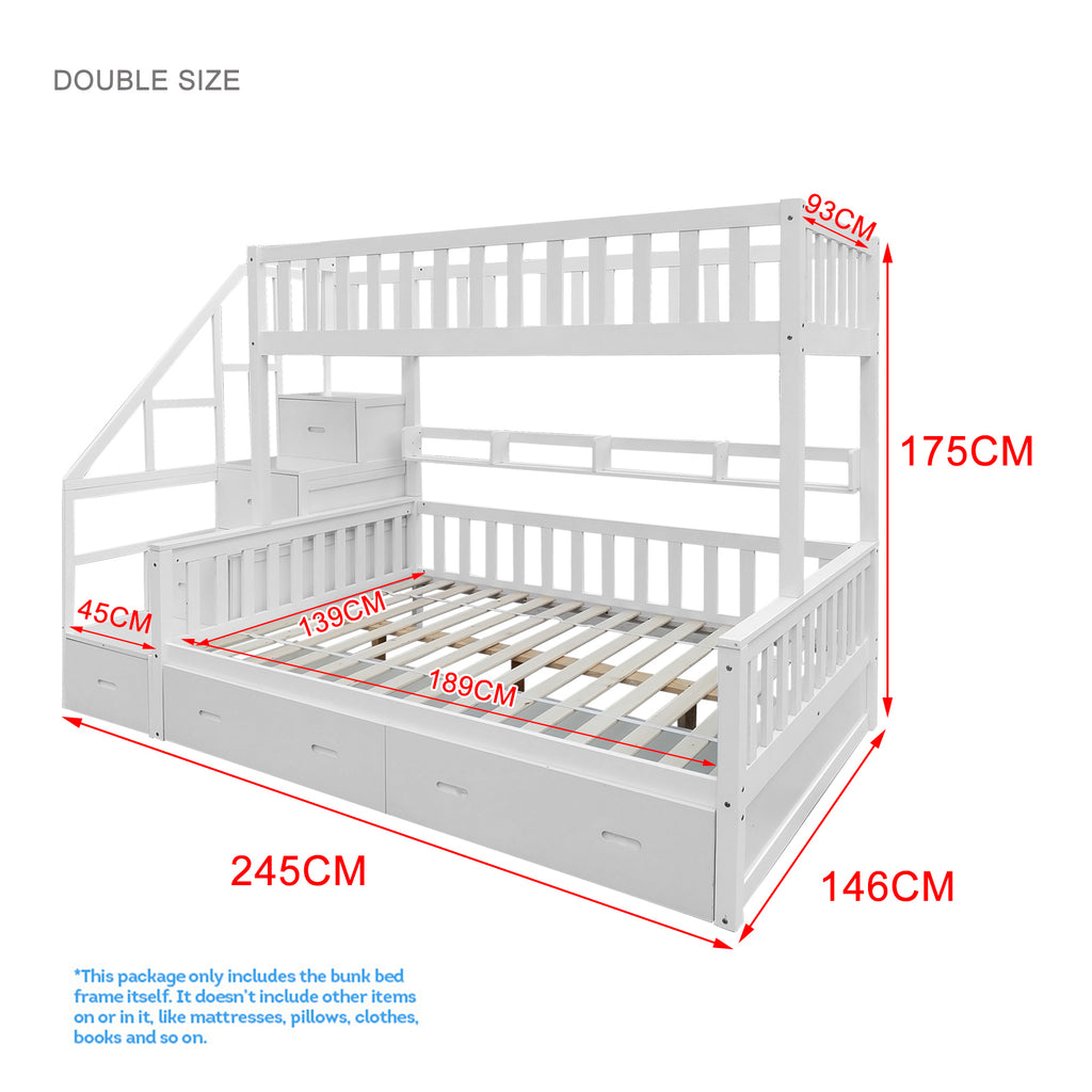 Mason Taylor Bunk Bed Frame Solid Pine Timber Safety Rails Big Storage - White