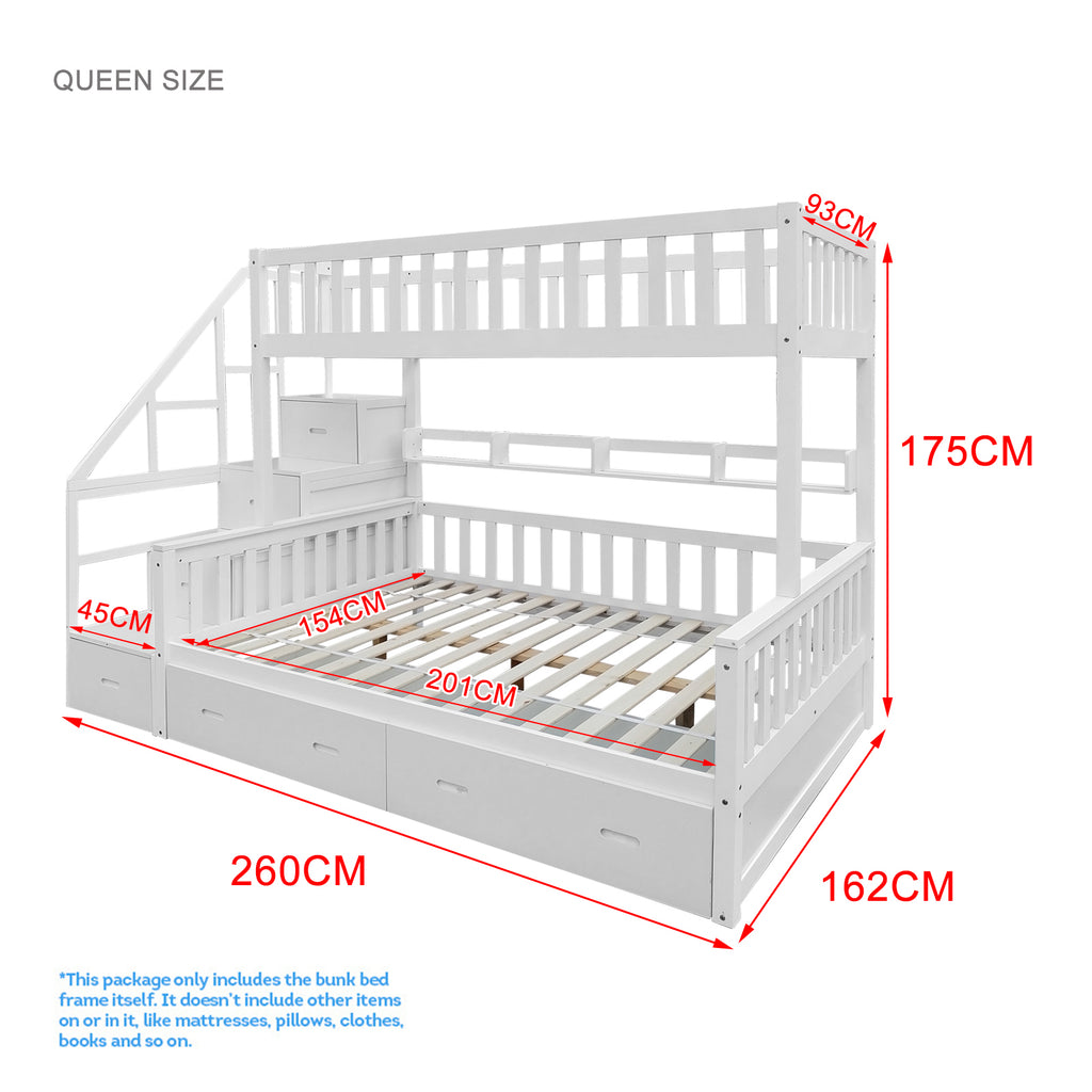 Mason Taylor Bunk Bed Frame Solid Pine Timber Safety Rails Big Storage - White