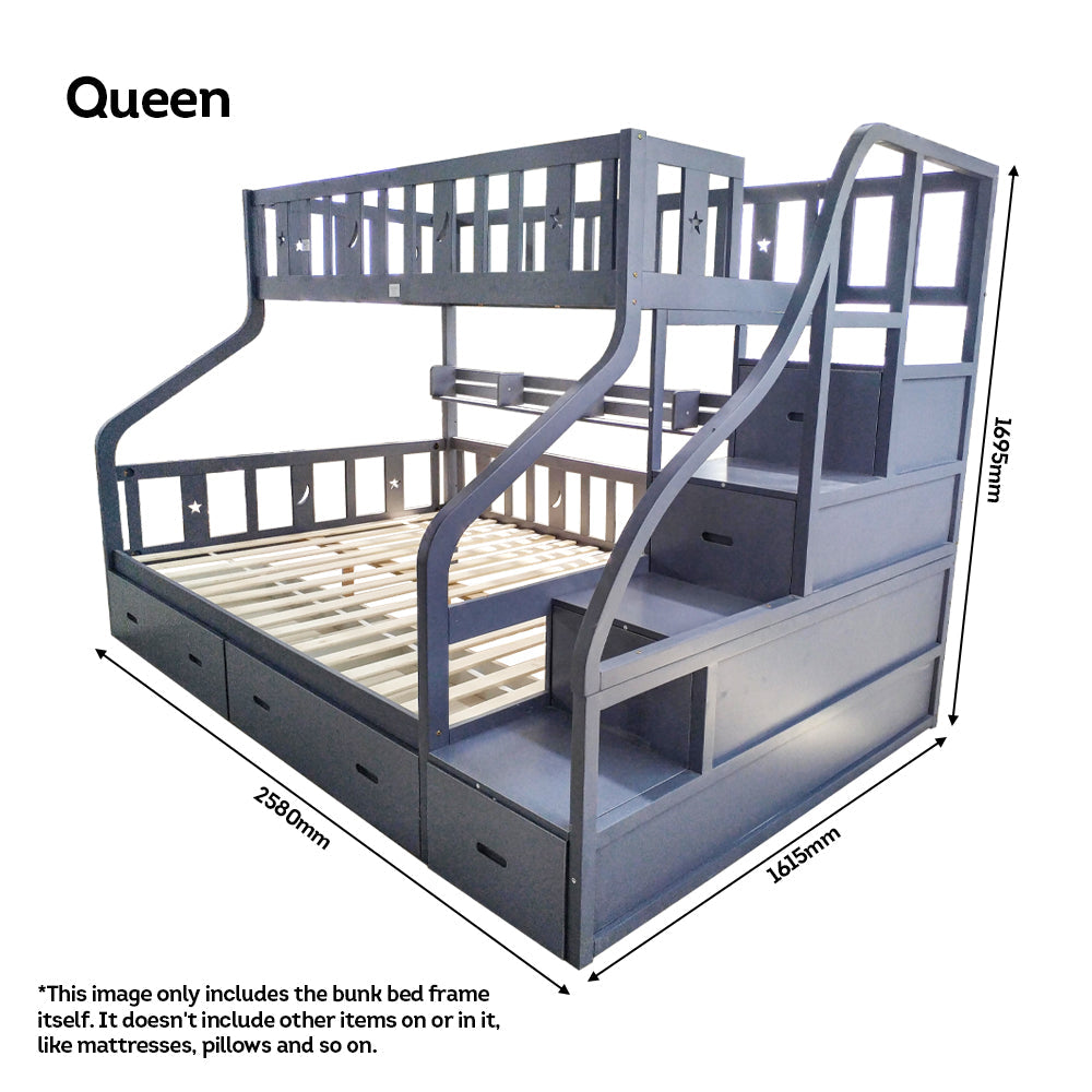 MASON TAYLOR Bunk Bed Solid Pine Timber Safety Rails Big Storage - Grey