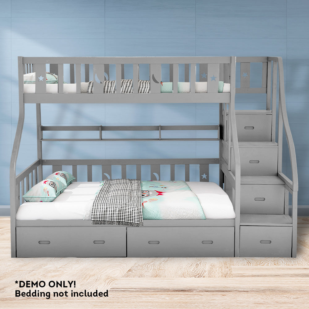 MASON TAYLOR Double Bunk Bed Solid Pine Timber Safety Rails Big Storage - Grey