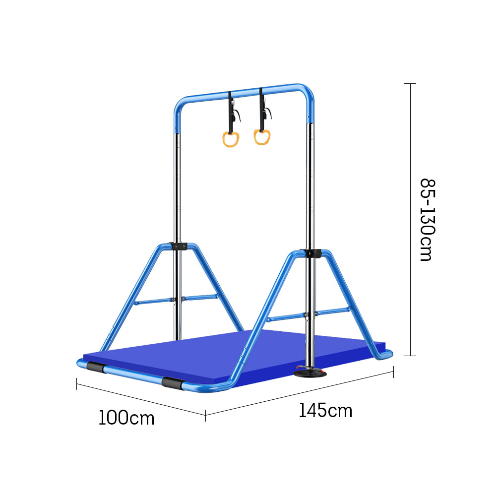 JMQ FITNESS Foldable Adjustable Height Kids Horizontal Bar w/ Rings and Landing Mat Chin Up Pull Up Bar