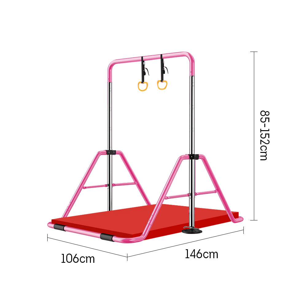 JMQ FITNESS Foldable Adjustable Height Kids Horizontal Bar w/ Rings and Landing Mat Chin Up Pull Up Bar