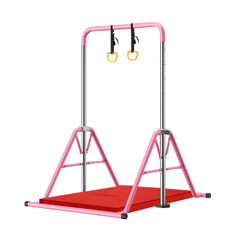 JMQ FITNESS Foldable Adjustable Height Kids Horizontal Bar w/ Rings and Landing Mat Chin Up Pull Up Bar