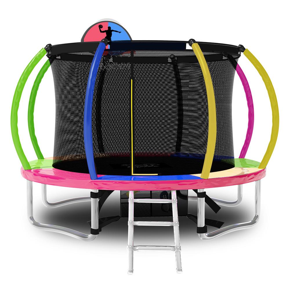 12FT  Rainbow Curved Trampoline with Spring Ladder Safety Net Basketball Set T&R Sports