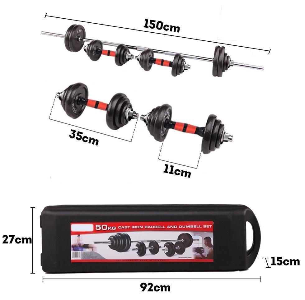 50KG Cast Iron Dumbbell & Barbell Set Weight Plates Adjustable with Case Fitness JMQ FITNESS