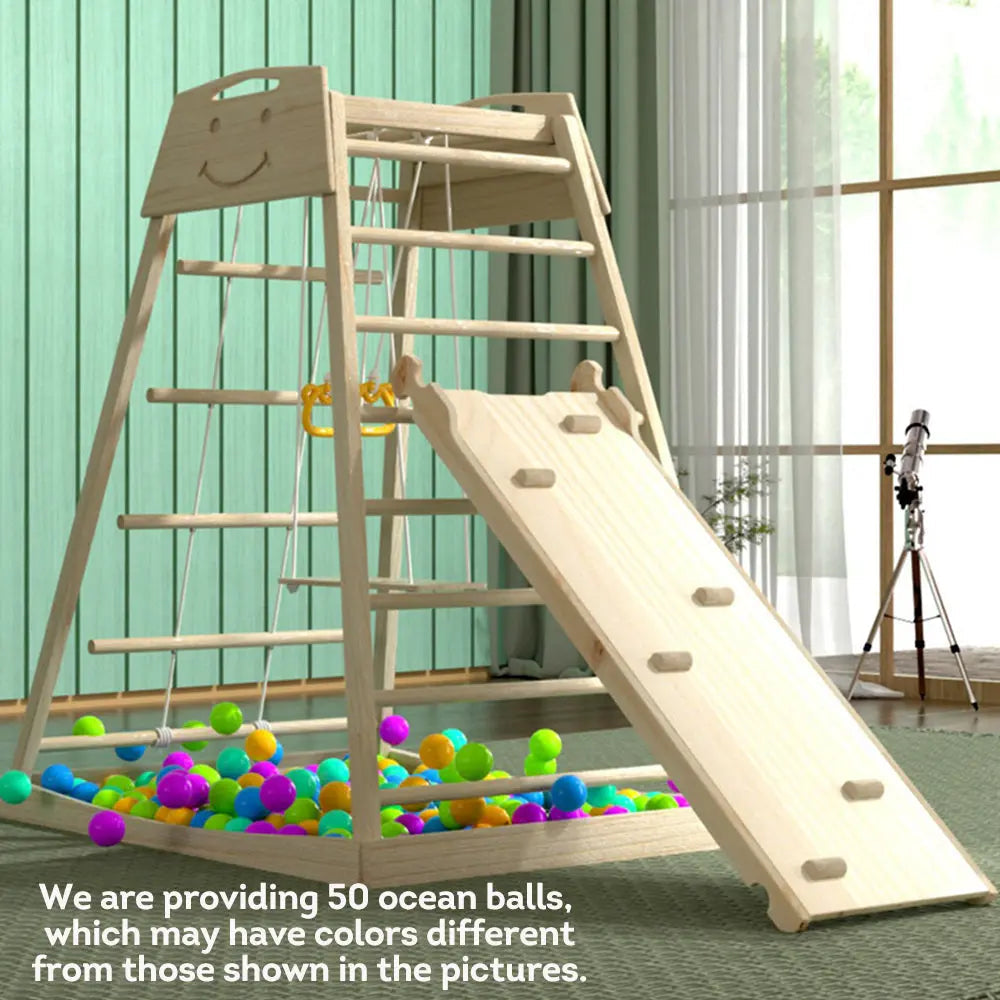 [5% OFF PRE-SALE] T&R SPORTS 1D28M Solid Wood Kids Climbing Frame W/ Swing Ring Ocean Ball Double-sided Slide Kids Playground - Wood (Dispatch in 8 weeks) megalivingmatters