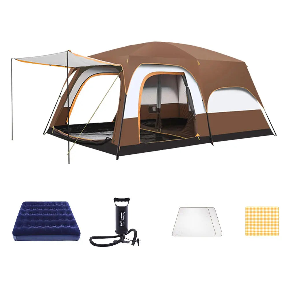 [5% OFF PRE-SALE] T&R SPORTS Large Family Camping Tent Set W/ Air Mattress, Two Moisture-proof Mats, Air pump And Picnic Mat - Coffee(Dispatch in 8 weeks) T&R Sports