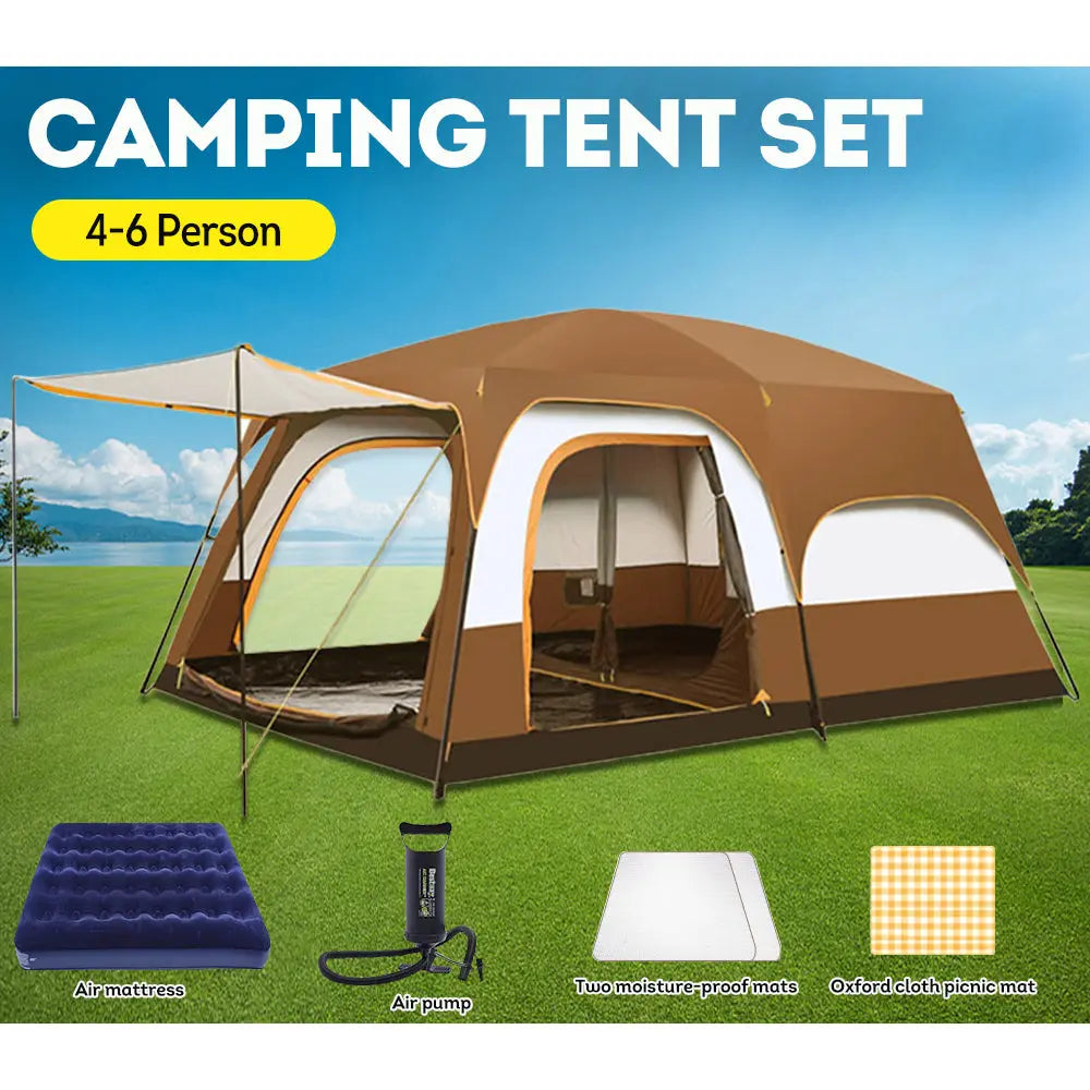 [5% OFF PRE-SALE] T&R SPORTS Large Family Camping Tent Set W/ Air Mattress, Two Moisture-proof Mats, Air pump And Picnic Mat - Coffee(Dispatch in 8 weeks) T&R Sports