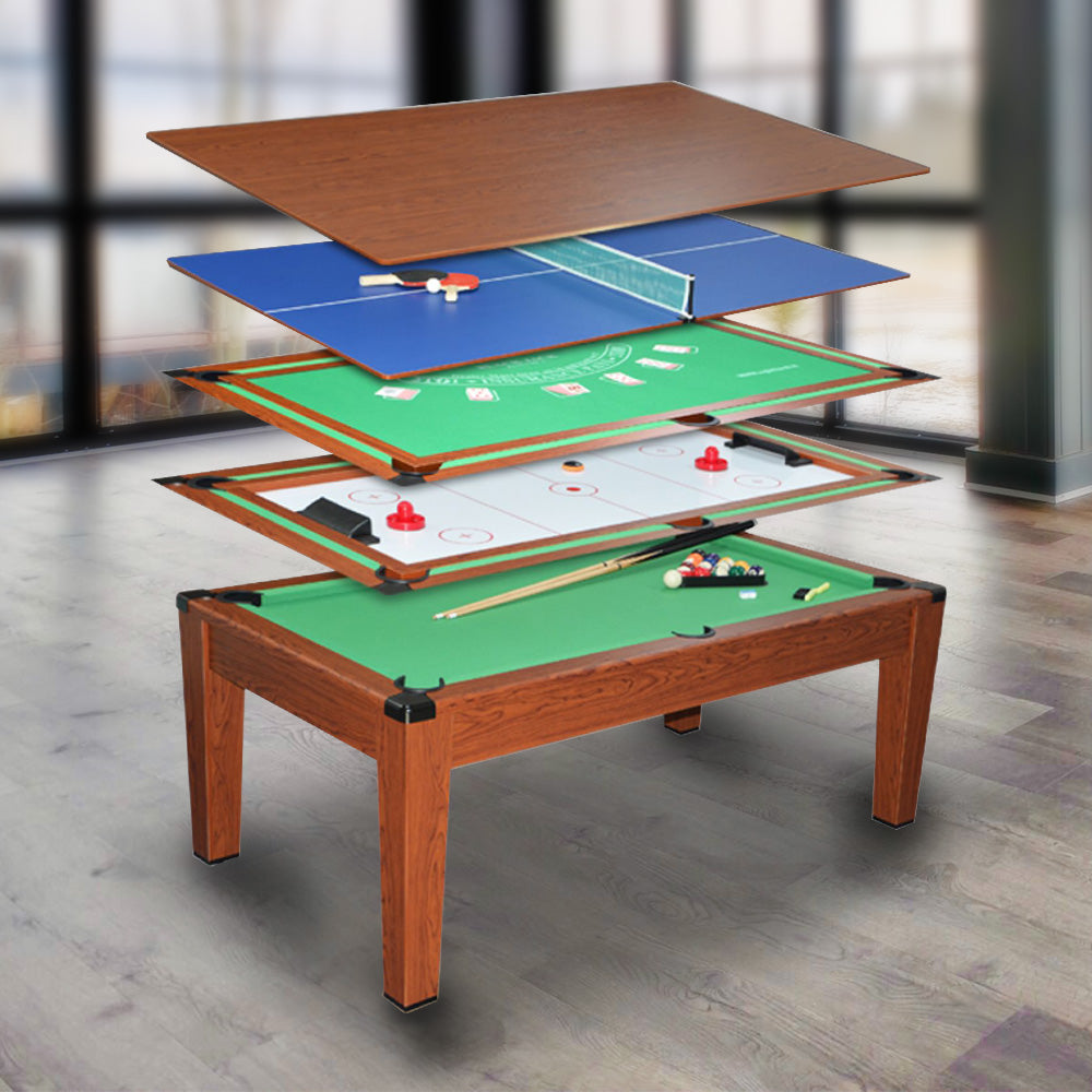 MACE 6.4FT 5-In-1 MDF Multifunctional Pool Table/Air Hockey/Poker/Table Tennis/Dining Top - Wood