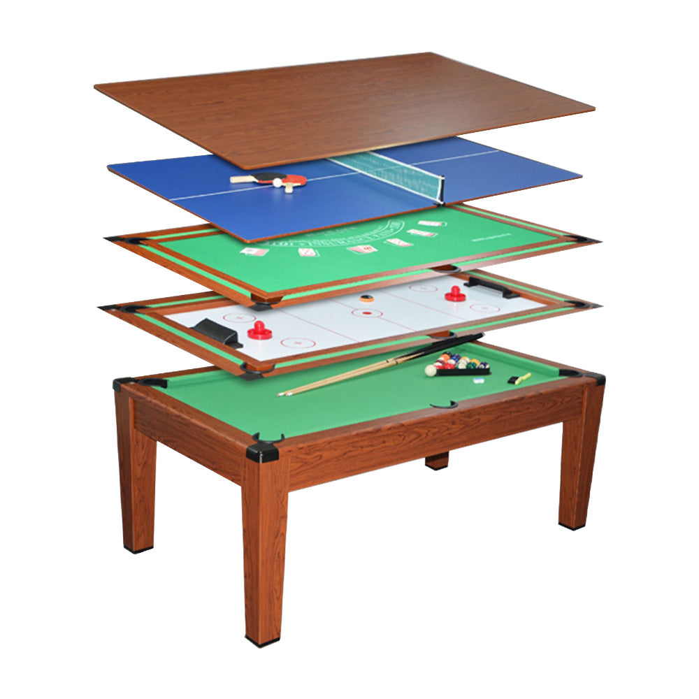 MACE 6.4FT 5-In-1 MDF Multifunctional Pool Table/Air Hockey/Poker/Table Tennis/Dining Top - Wood