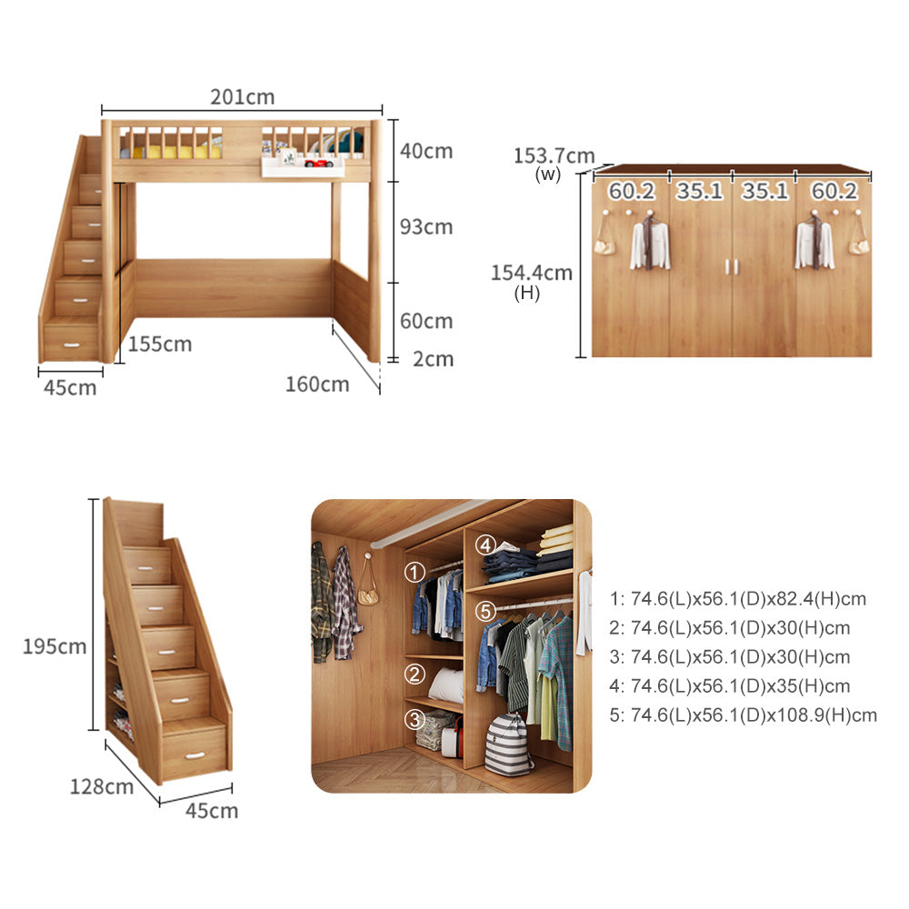 MASON TAYLOR B01 1.5m Beech Teenagers And Adults Loft Bed W/ One Free Mattress With Wardrobe And Storage Staircase