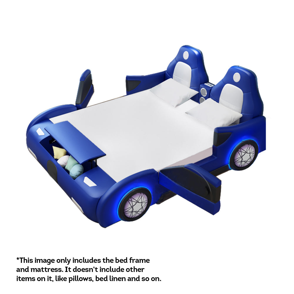 MASON TAYLOR 1.35*1.9m Solid Wood Frame Kid Bed Cartoon Car Bed With Mattress Bluetooth Audio - Blue