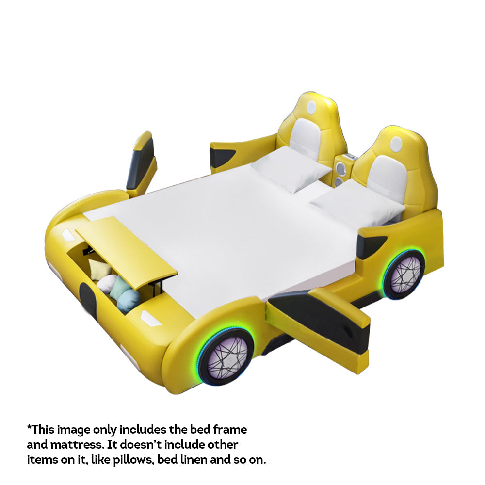 MASON TAYLOR 1.5*1.9m Solid Wood Frame Kid Bed Cartoon Car Bed With Mattress Bluetooth Audio - Yellow