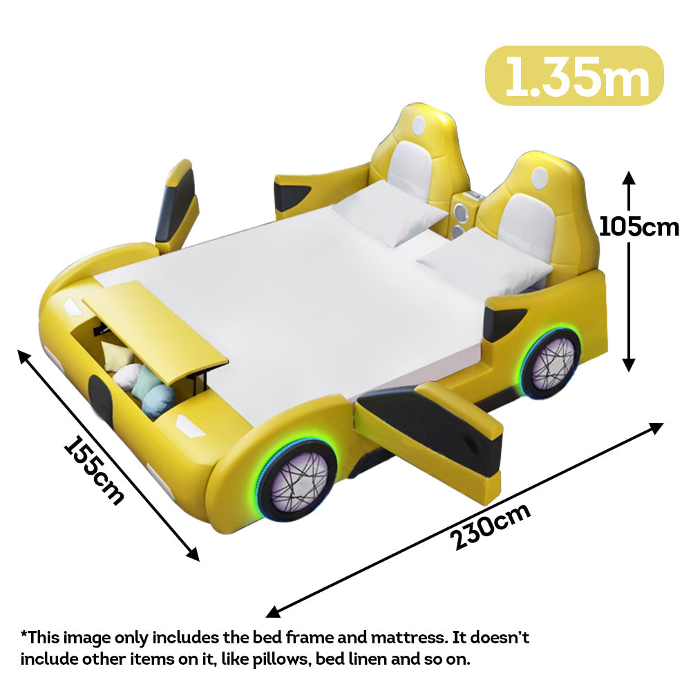 MASON TAYLOR 1.35*1.9m Solid Wood Frame Kid Bed Cartoon Car Bed With Mattress Bluetooth Audio - Yellow