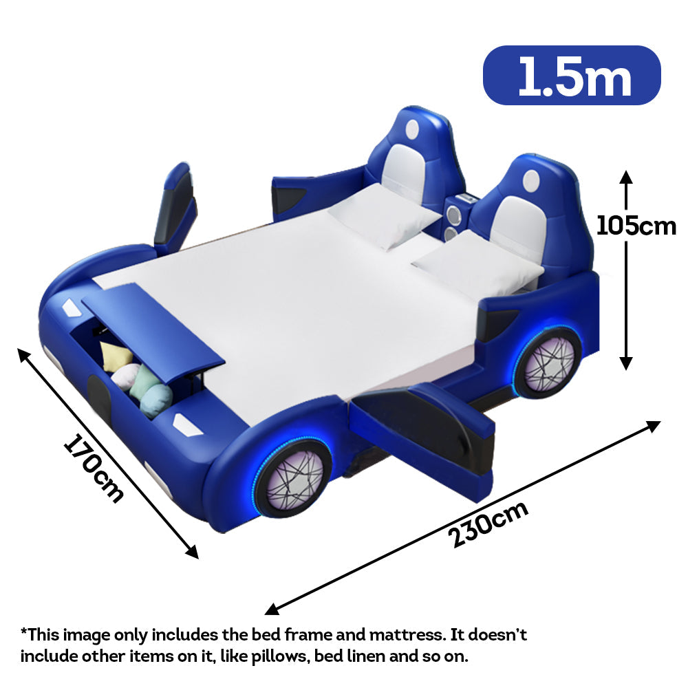 MASON TAYLOR 1.5*1.9m Solid Wood Frame Kid Bed Cartoon Car Bed With Mattress Bluetooth Audio - Blue