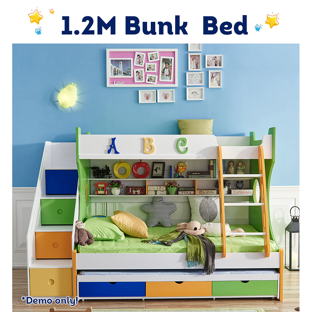 MASON TAYLOR 805 1.2M Bunk Bed w/ Two Free Mattresses Ladder Cabinet Trundle Bed - Green&White