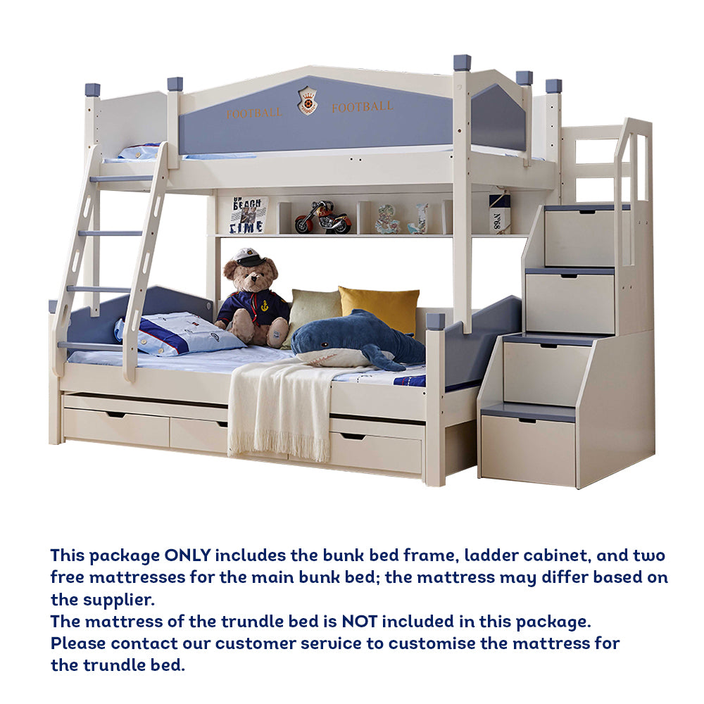 MASON TAYLOR 911 1.2M Bunk Bed w/ Two Free Mattresses Ladder Cabinet Trundle Bed - Blue&White