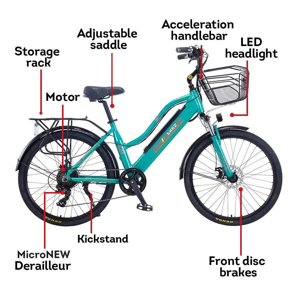 AKEZ 26 Inches 250W Electric Bike City Bike Assisted Bicycle Women