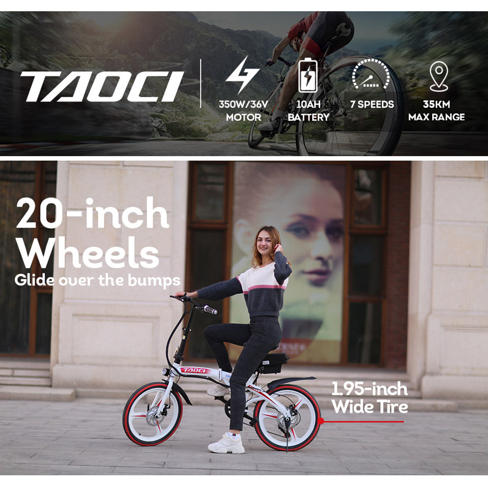 TAOCI 350W 36V Folding Electric Bike 20Inches eBike Road w/ Battery Steel Frame