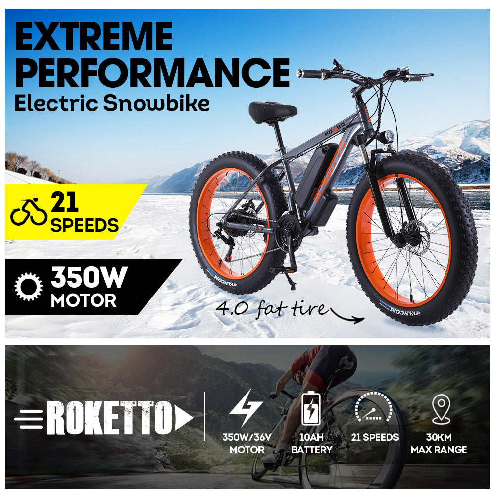 ROKETTO 36V Snow Motorized Bicycle Electric Bike eBike 26 Inch with Battery