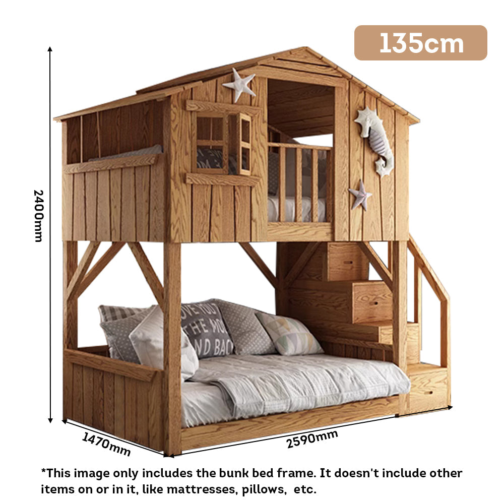 MASON TAYLOR AWWS16 1.35m Solid Wood Kid Bunk Bed W/ Drawers Solid Timber Safety Rails - Oak