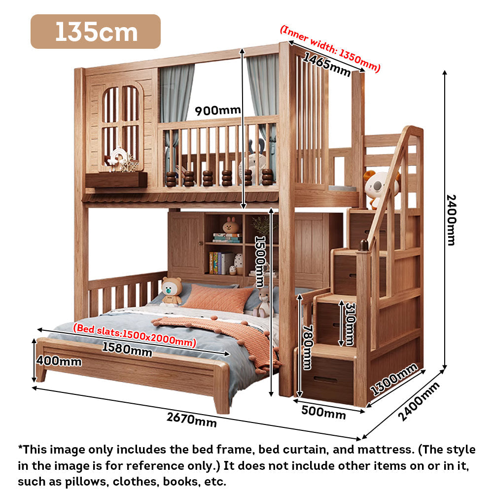 MASON TAYLOR 018 1.35m Solid Wood Kid Bunk Bed W/ Drawers Solid Timber Safety Rails - Wood