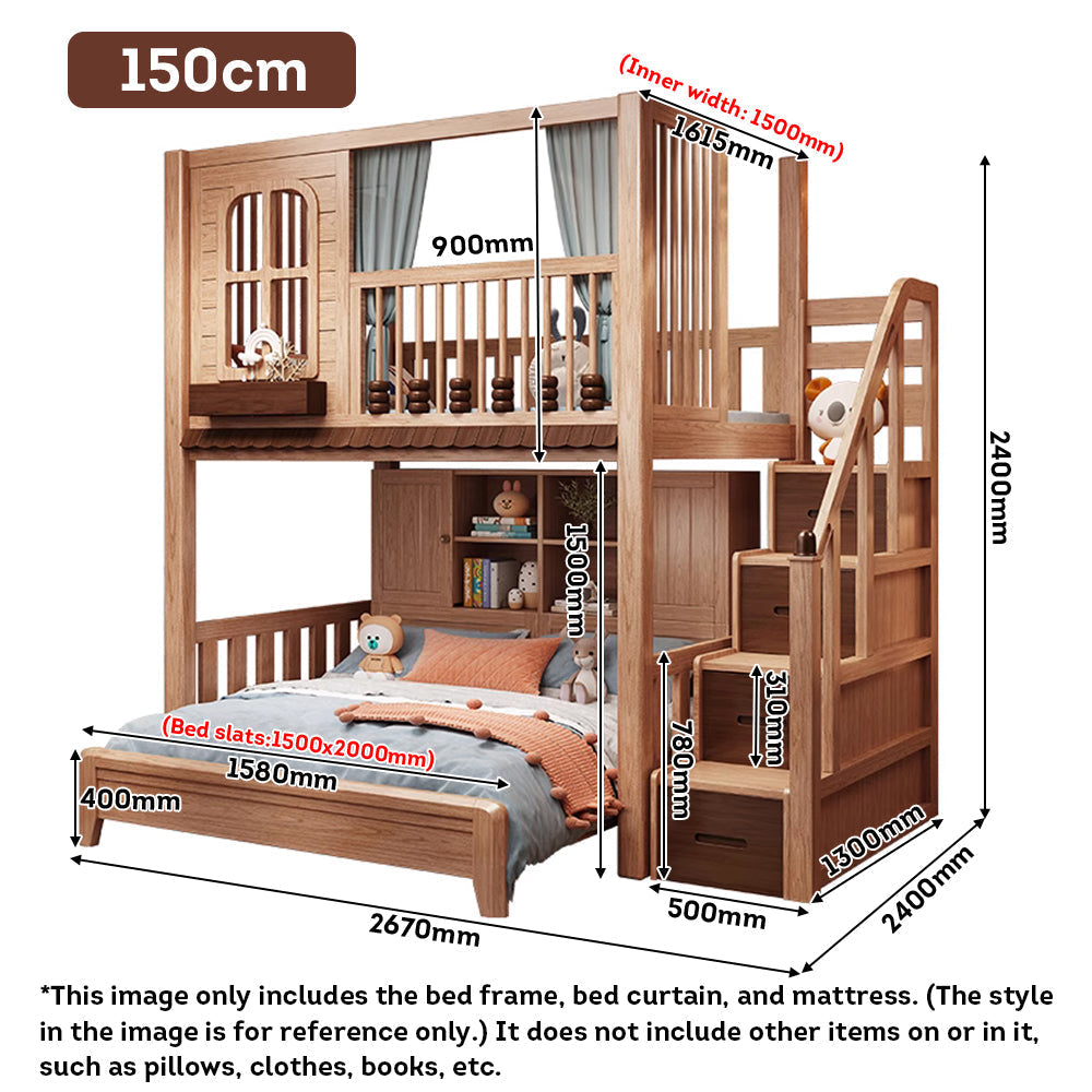 MASON TAYLOR 018 1.5m Solid Wood Kid Bunk Bed W/ Drawers Solid Timber Safety Rails
