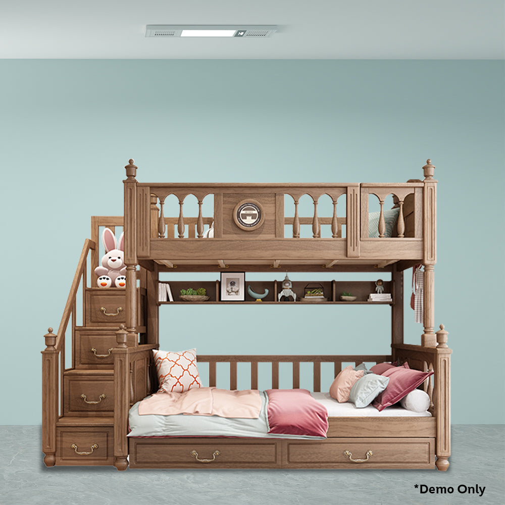 MASON TAYLOR 9911 1.35m Solid Wood Kid Bunk Bed W/ Drawers Solid Timber Safety Rails Big Storage - Walnut