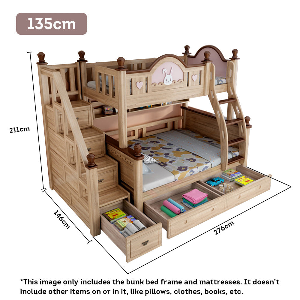 MASON TAYLOR 1.35m Solid Wood Kid Bunk Bed With Mattress W/ Drawers Solid Timber Safety Rails Big Storage - Wood