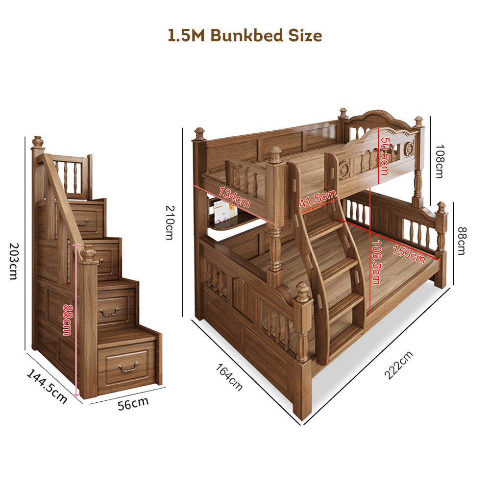 MASON TAYLOR 1.5m Solid Walnut Wood Kid Bunk Bed W/ Locker Ladder Cabinet - Walnut