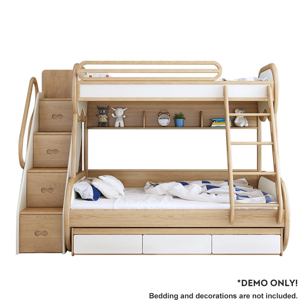 MASON TAYLOR A809 1.35M Solid Ash Wood Bunk Bed W/ Trundle Bed Ladder Cabinet - Wood