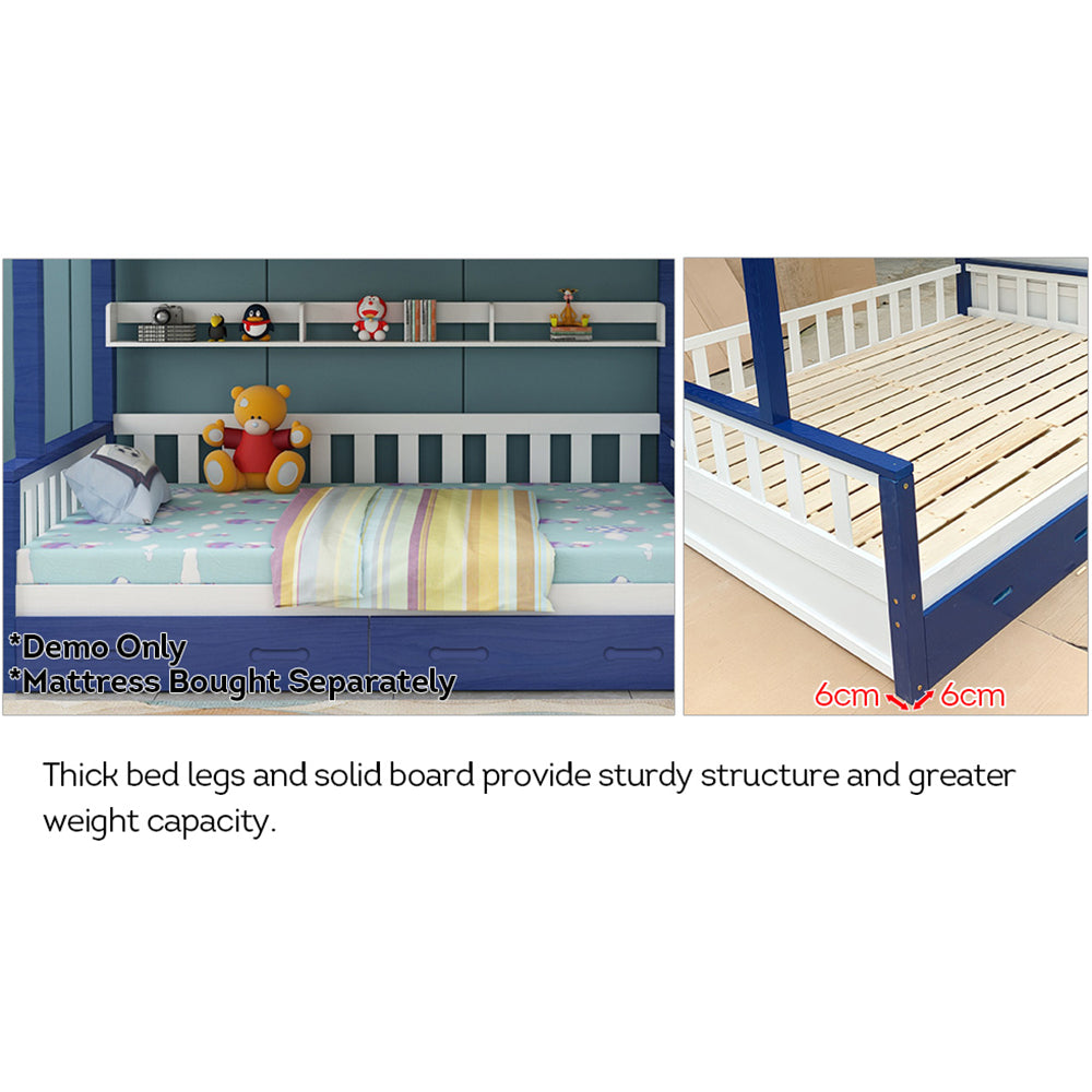 MASON TAYLOR Bunk Bed Frame W/ Drawers Solid Pine Timber Safety Rails Big Storage - White&Blue