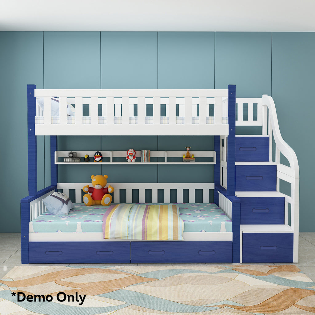 MASON TAYLOR Bunk Bed Frame W/ Drawers Solid Pine Timber Safety Rails Big Storage - White&Blue