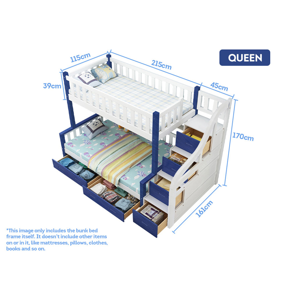 MASON TAYLOR Bunk Bed Frame W/ Drawers Solid Pine Timber Safety Rails Big Storage - White&Blue