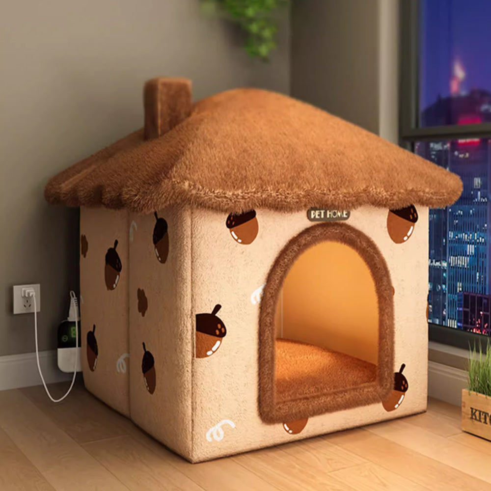 MASON TAYLOR Large Electric Heating Cat House w/ Electric Blanket Pet House- Brown