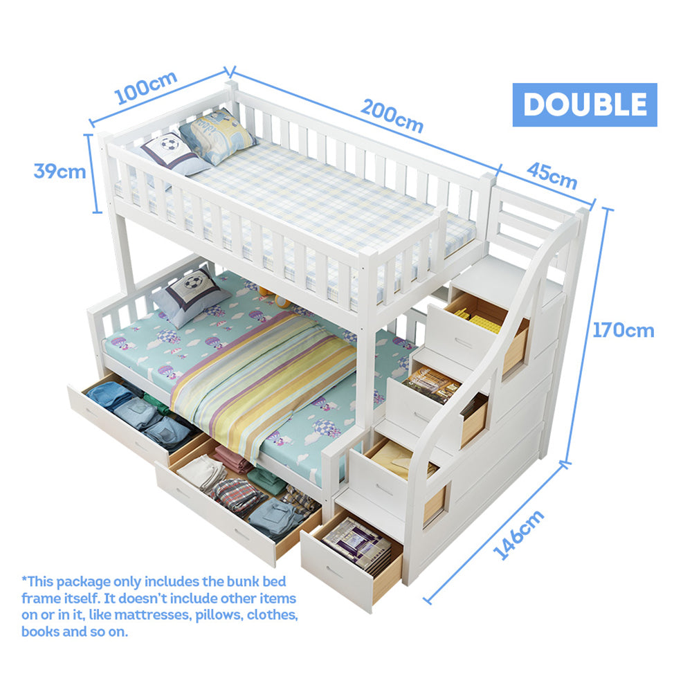 MASON TAYLOR Bunk Bed Solid Pine Timber Safety Rails Big Storage White