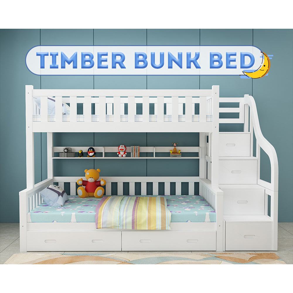 MASON TAYLOR Bunk Bed Solid Pine Timber Safety Rails Big Storage White