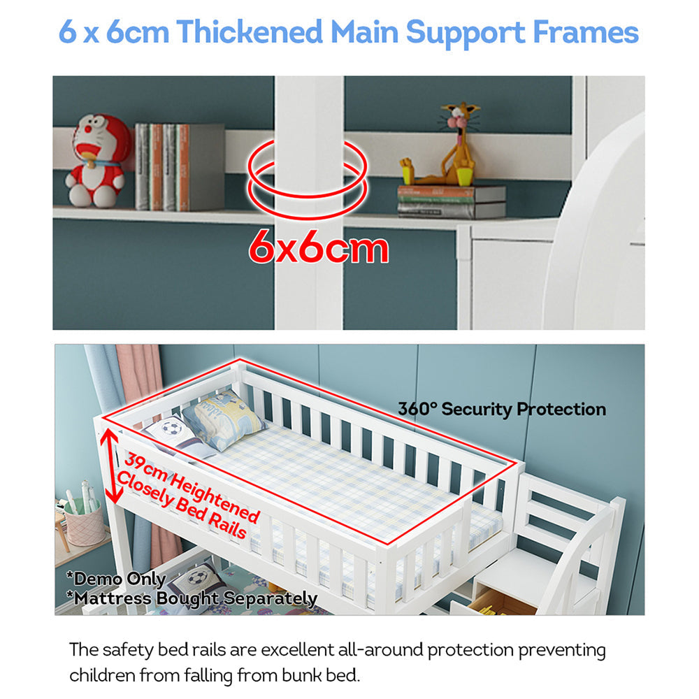 MASON TAYLOR Bunk Bed Solid Pine Timber Safety Rails Big Storage White