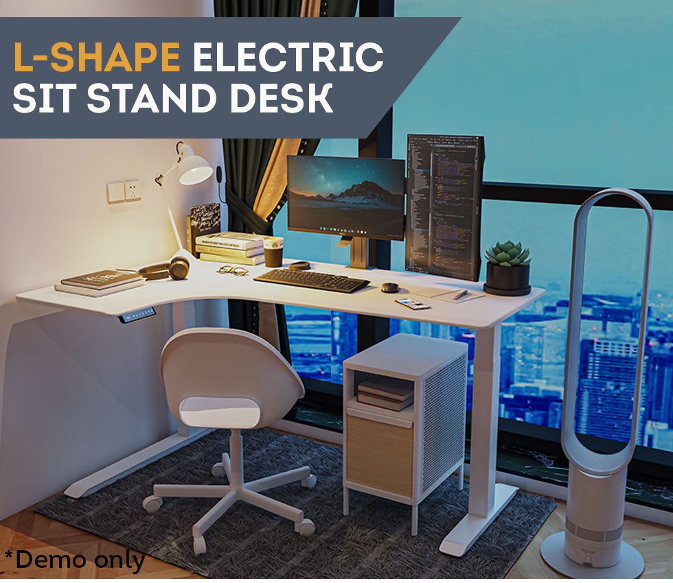 L-Shape Electric Sit Stand Desk Double Motor Frame / L-Shape Top White/Black