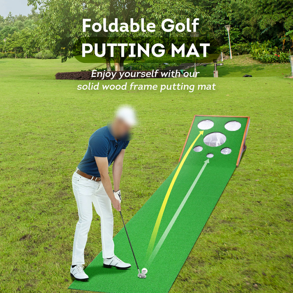 BALLSTRIKE  Solid Wood Foldable Golf Putting Mat Adjustable Height - Green