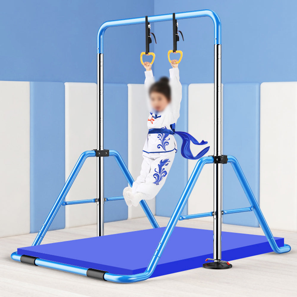 JMQ FITNESS Foldable Adjustable Height Kids Horizontal Bar w/ Rings and Landing Mat Chin Up Pull Up Bar