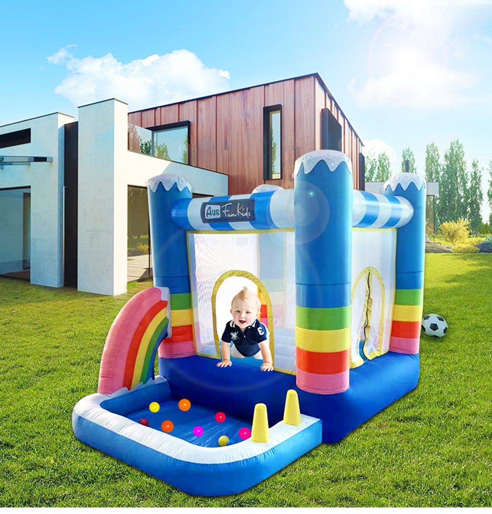 Rainbow Inflatable Jumping Castle Kids Small Home Amusement Playground w/ Ball Playing Area