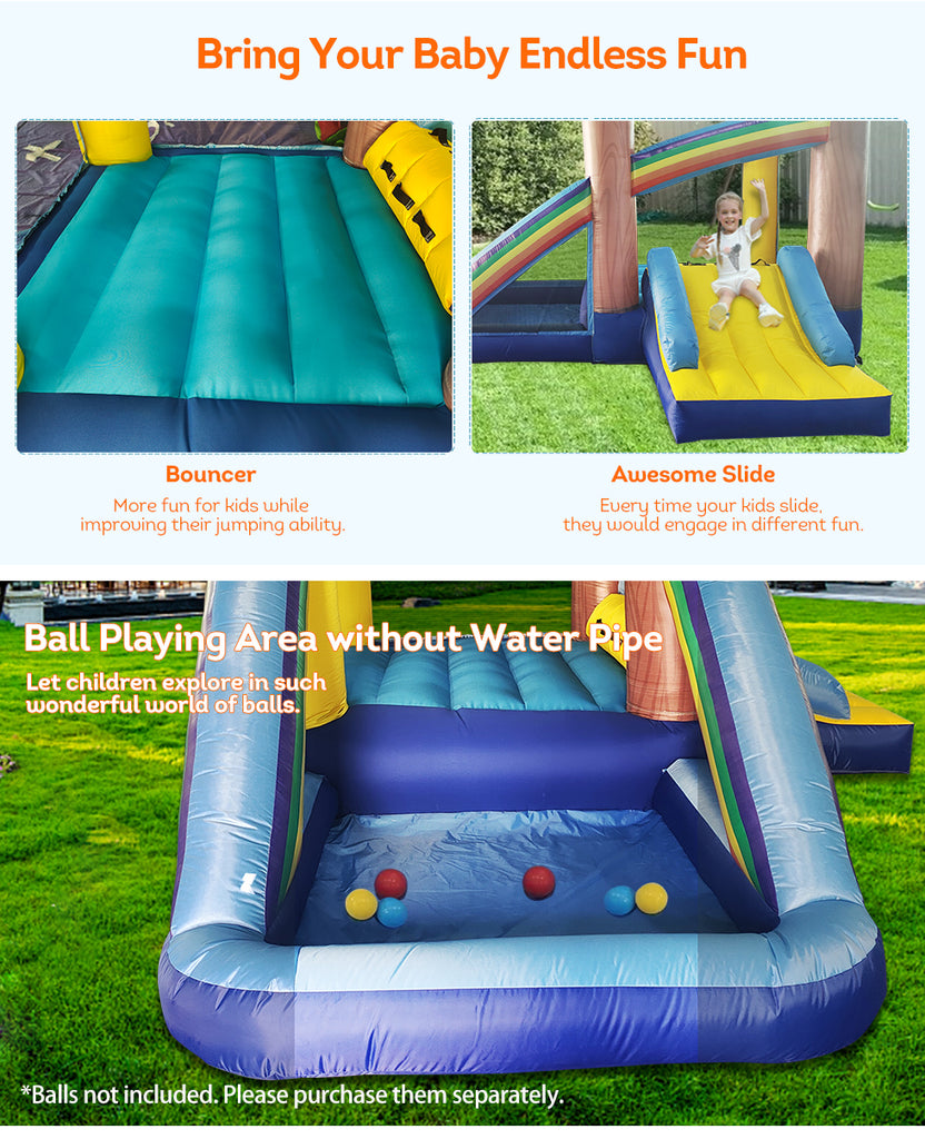 Rainbow Inflatable Jumping Castle Kids Home Amusement Playground w/ Slide Ball Playing Area