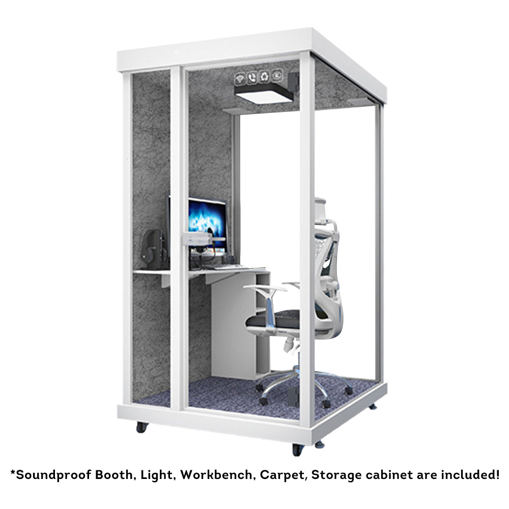MASON TAYLOR 1.3x1.2m Movable Soundproof Booth w/ Light, Workbench, Storage Cabinet, Carpet - White
